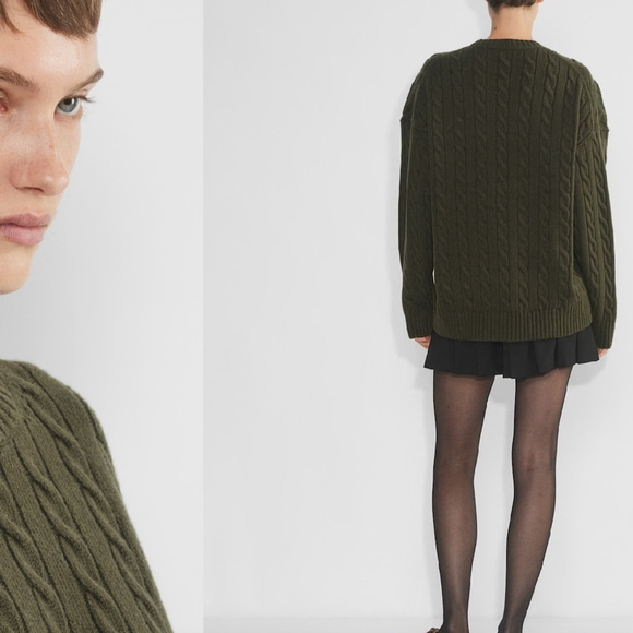 aritzia Peggy Sweater Merino wool crewneck cable-knit sweater Olive - Picture 4 of 10